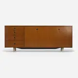 Special-order cabinet by George Nelson & Associates, c. 1955, walnut, chrome-plated steel, enameled aluminum, sold Sep 2020
