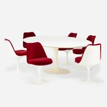 Eero Saarinen, Tulip table model 175W and chairs model 151, set of six, enameled steel and aluminum, laminate, enameled wood, composite, velvet upholstery