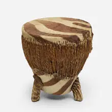 East African, drum, zebra hide, jute, carved wood
