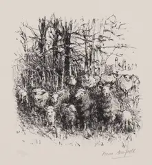 Diana Armfield, Untitled, Diana Armfield RA (b.1920) 'Sheep sheltering at Llwynhir' lithograph
