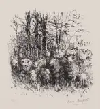 Diana Armfield, Untitled, Diana Armfield RA (b.1920) 'Sheep sheltering at Llwynhir' lithograph
