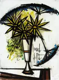 Bernard Buffet, Trois marguerites jaunes et trois ombelles bleues, oil on canvas
