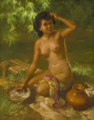 Bathing in the River by Fernando Amorsolo, 1951, oil on canvas, sold May 2007
