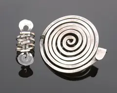 Brooch and Ring by Alexander Calder, c.1940, silver with Plexiglas stands, sold May 2007