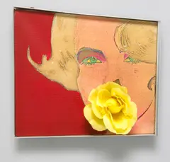 Martial Raysse, Tableau presque cuvé, 1964, oil, silkscreen and silk rose on canvas