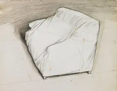 Wrapped Couch-Project by Christo, 1973, pencil, sheeting fabric, twine, charcoal, wax crayon and staples on card, sold May 2007