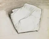Christo, Wrapped Couch-Project, 1973, pencil, sheeting fabric, twine, charcoal, wax crayon and staples on card