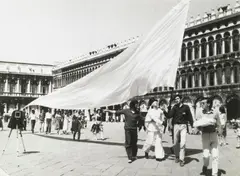 James Lee Byars, From The New Pink Flag of Italy 39th Venice Biennale, 1980, gelatin silver prints, attributed to Giacomelli, illustrated in Viola Michely, Glück in der Kunst Berlin, 1999 (2)