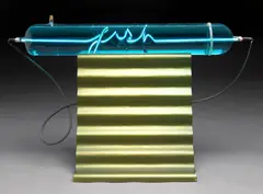 Peter Zecher, Neon Fish, neon and blue dyed water in glass on a painted wooden base