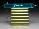 Peter Zecher, Neon Fish, neon and blue dyed water in glass on a painted wooden base