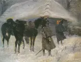 Kirasjerzy przed chatą by Jerzy Kossak, olej, tektura, sold Dec 1994