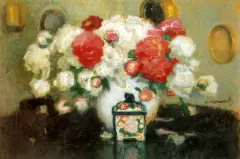 Róże w wazonie by Alfons Karpiński, olej, tektura, sold Dec 1994
