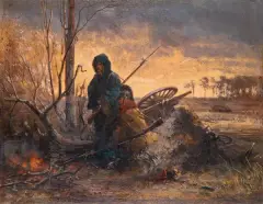 Eugen Adam, Żołnierze przy ognisku, olej, tektura