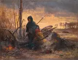 Eugen Adam, Żołnierze przy ognisku, olej, tektura