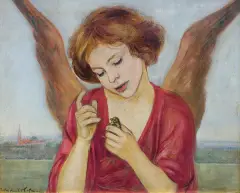 ANIOŁ ZE SZCZYGŁEM by Vlastimil Hofman, 1922, olej, tektura, offered Dec 1994