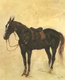 Studium osiodłanego konia by Wojciech Kossak, olej, tektura, sold Oct 1994