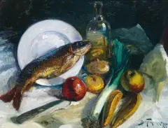Adolf Behrman, Martwa natura ze śledziem, olej, tektura