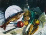 Adolf Behrman, Martwa natura ze śledziem, olej, tektura