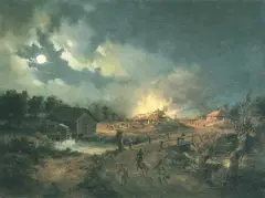 Pożar wsi - epizod z powstania 1863 r. by Adam Wiktor Malinowski, olej, płótno, sold Mar 1994
