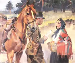 Żołnierz i dziewczyna by Jerzy Kossak, olej, tektura, sold Mar 1994