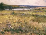 E. Foerster, Łąka nad rzeką, olej, tektura