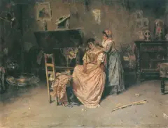 Przymierzanie kolczyków by Autor nierozpoznany, olej, płótno, sold Dec 1993