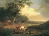 Julius Caesar Ibbetson, Pejzaż z jeźdźcem, olej, deska