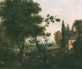 Pejzaż wiejski z mostkiem by Autor nierozpoznany, olej, płótno, sold Oct 1993