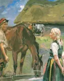 Ułan i dziewczyna by Wojciech Kossak, olej, płótno, sold Jun 1993