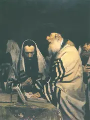 Modlący się Żydzi by Antoni Kozakiewicz, olej, płótno, sold Oct 1992