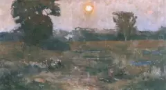 Zachód słońca by Jan Stanisławski, olej, sklejka, sold Oct 1992