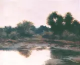 Pejzaż z jeziorem by Maksymilian Gierymski, olej, deska, sold Oct 1992