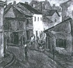 Eugeniusz Arct, W małym mieście, olej, tektura