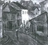 Eugeniusz Arct, W małym mieście, olej, tektura