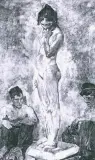 Modelka między woźnymi Akademii by Jacek Malczewski, olej, płótno, offered May 1992