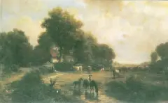 Rudolph Poeppel, Pojenie koni, olej, płótno