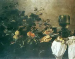 Pieter Claesz, Martwa natura z kielichem, szynką i owocami, olej, płótno