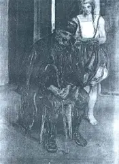 Poczęstunek wędrowca by Vlastimil Hofman, olej, dykta, sold Jun 1991