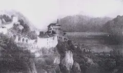 Pejzaż górski z jeziorem i zamkiem by Josef Schoyerer, olej, deska, sold May 1991
