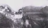 Josef Schoyerer, Pejzaż górski z jeziorem i zamkiem, olej, deska