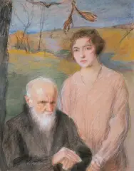 Starzec i dziewczyna by Teodor Axentowicz, pastel, tektura, sold Apr 1991