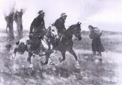 Patrol ułanów by Jerzy Kossak, olej, deska, sold Mar 1991