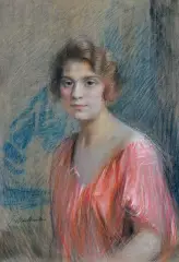 Portret kobiety w czerwonej sukni by Teodor Axentowicz, pastel, papier, sold Dec 1990