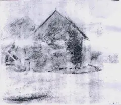 Jerzy Wolff, Pejzaż z młynem, ołówek, papier