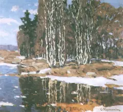 Przedwiośnie na Białorusi by Stanisław Żukowski, olej, tektura, sold Nov 1990