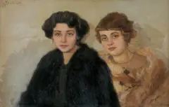 PRZYJACIÓŁKI by Elżbieta Dziubaniukówna, 1913, olej, płótno naciągnięte na tekturę, offered Nov 1990