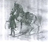 Wacław Pawliszak, Mężczyzna prowadzący konia, tusz, akwarela, papier