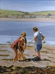 Rowland Davidson, Children with Nets at the Beach, Oil on Canvas