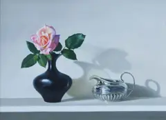 Carey Clarke, Pink Rose and Silver Jug, Oil on Board