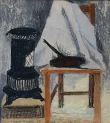 Patrick Pye, Studio Piece with Chair & Stove, Pastel Dedicated "To my friend Elizabeth from Patrick"